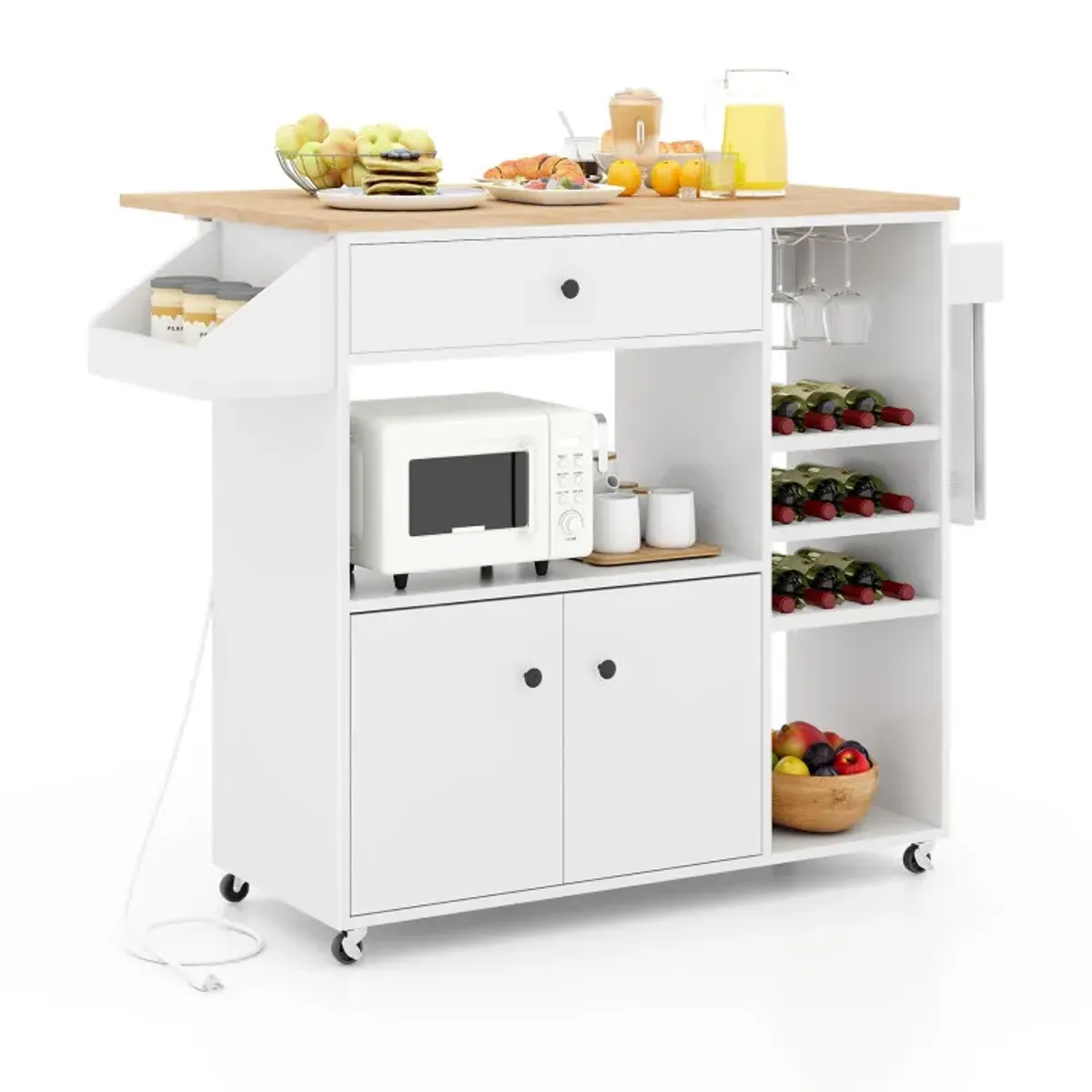 Drop Leaf Mobile Kitchen Island Cart with Power Outlet and Adjustable Shelf