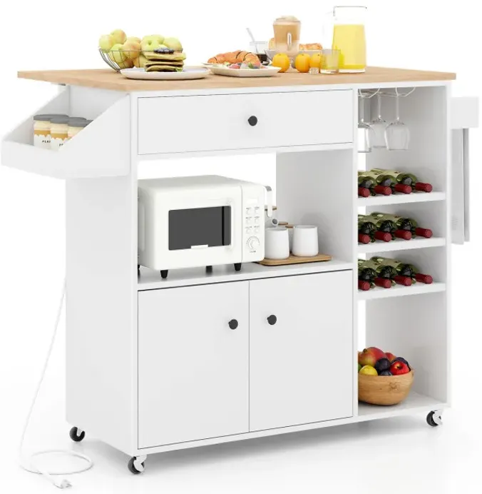 Drop Leaf Mobile Kitchen Island Cart with Power Outlet and Adjustable Shelf