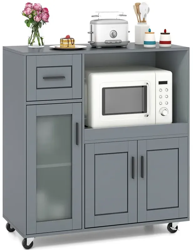 Rolling Kitchen Island with Wheels Drawer and Glass Door Cabinet