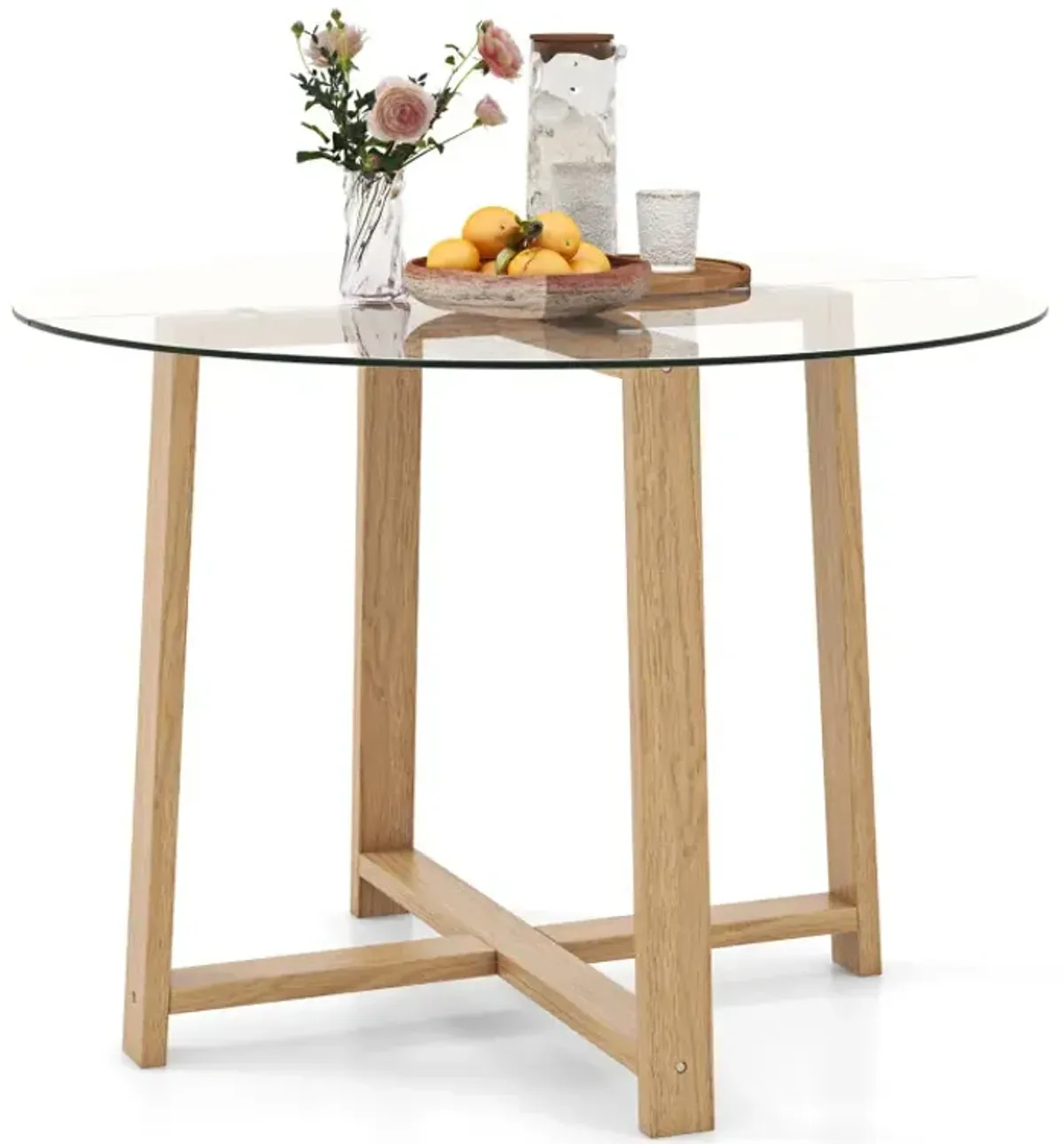 42 Inches Round Glass Dining Table with Tempered Glass Tabletop and Rubber Wood Legs