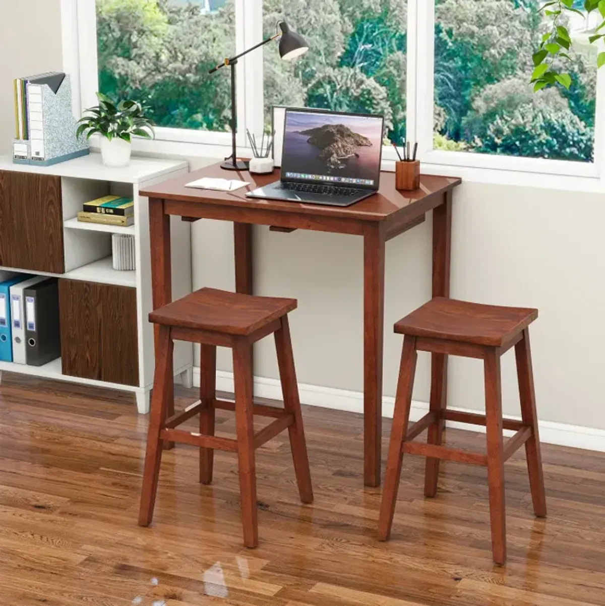 3-Piece Bar Table Set with Pub Table and 2 Saddle Stools