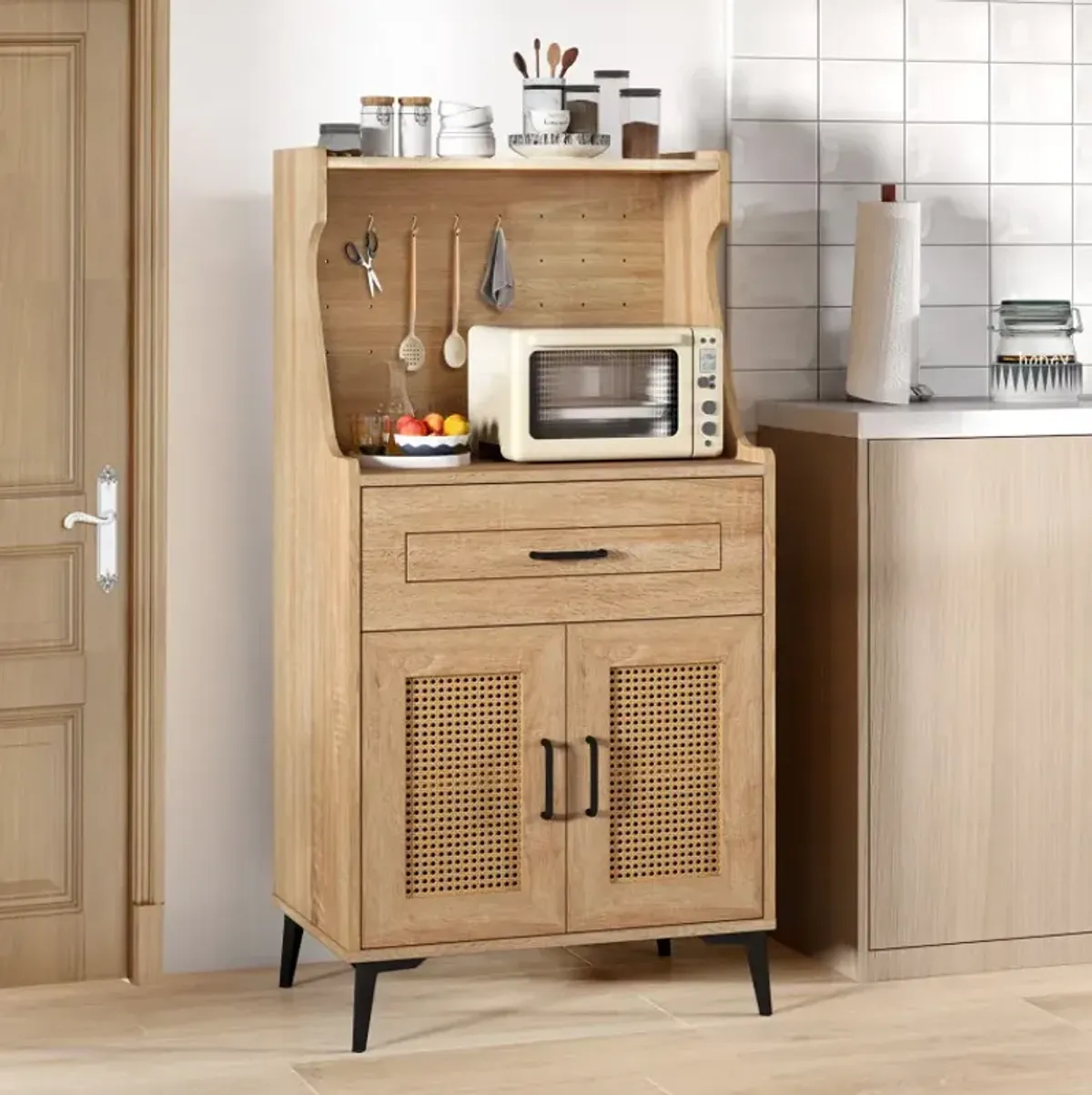 Coffee Bar Cabinet with Pegboard, Storage Drawer and Adjustable Shelf