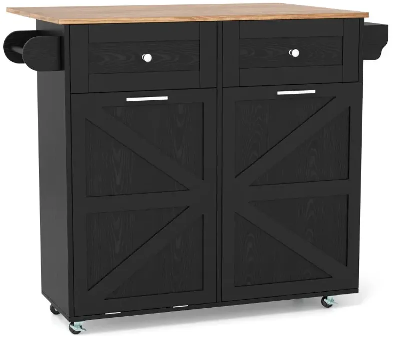 Rolling Kitchen Island with Trash Can Cabinet and Rubber Universal Wheels