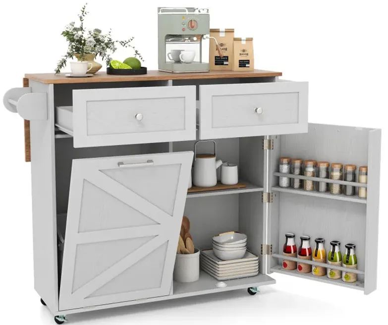 Rolling Kitchen Island with Trash Can Cabinet and Rubber Universal Wheels
