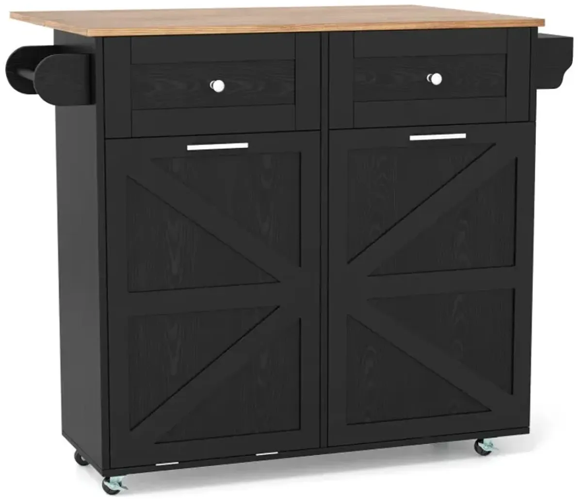 Rolling Kitchen Island with Trash Can Cabinet and Rubber Universal Wheels