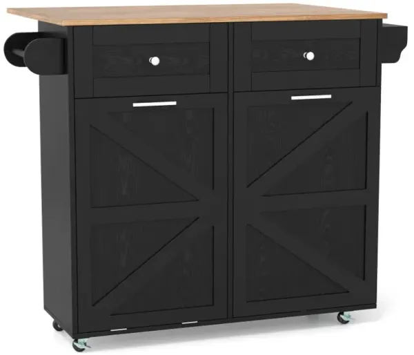Rolling Kitchen Island with Trash Can Cabinet and Rubber Universal Wheels