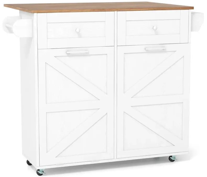 Rolling Kitchen Island with Trash Can Cabinet and Rubber Universal Wheels