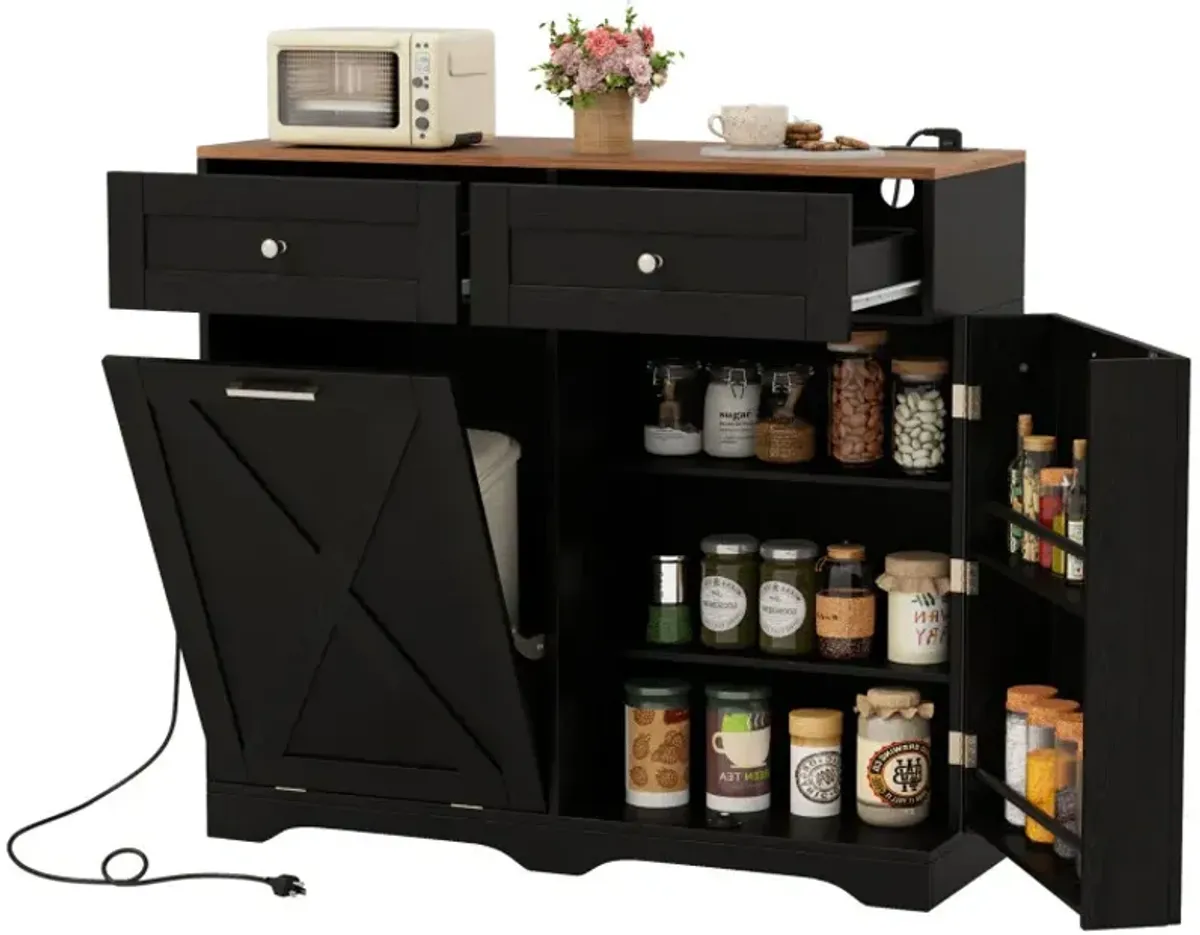 Tilt Out Trash Can Cabinet with Outlets and Adjustable Shelf