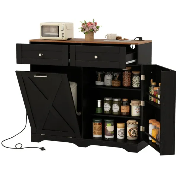 Tilt Out Trash Can Cabinet with Outlets and Adjustable Shelf
