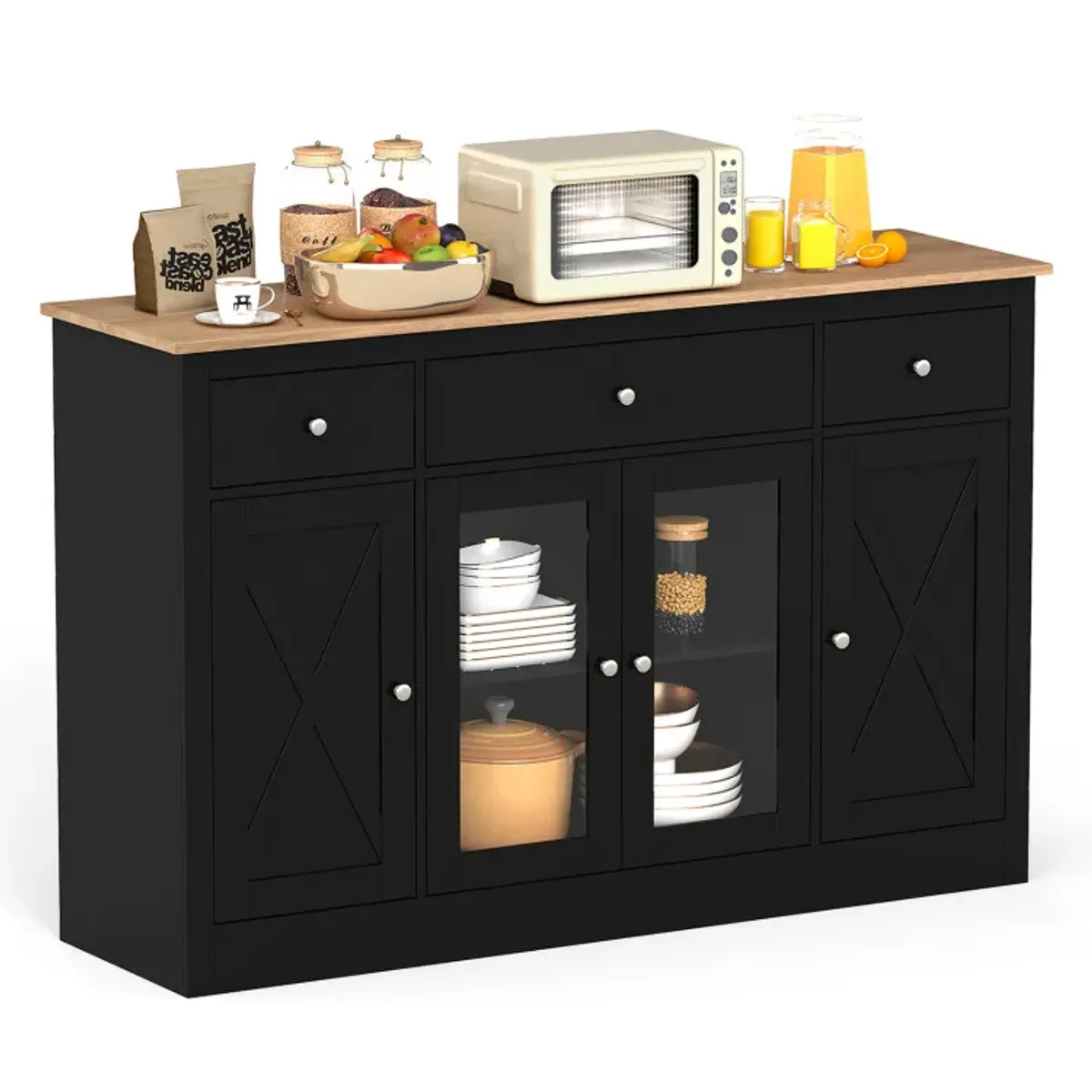55 inch Large Buffet Sideboard Kitchen Storage Cabinet with 3 Drawers 2 See-through Doors Adjustable Shelves Wine Bar Table