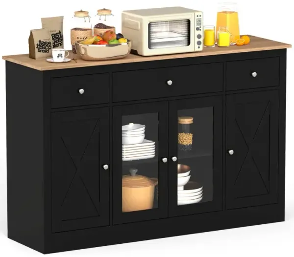 55 inch Large Buffet Sideboard Kitchen Storage Cabinet with 3 Drawers 2 See-through Doors Adjustable Shelves Wine Bar Table