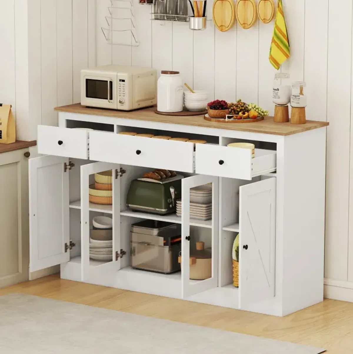 55 inch Large Buffet Sideboard Kitchen Storage Cabinet with 3 Drawers 2 See-through Doors Adjustable Shelves Wine Bar Table