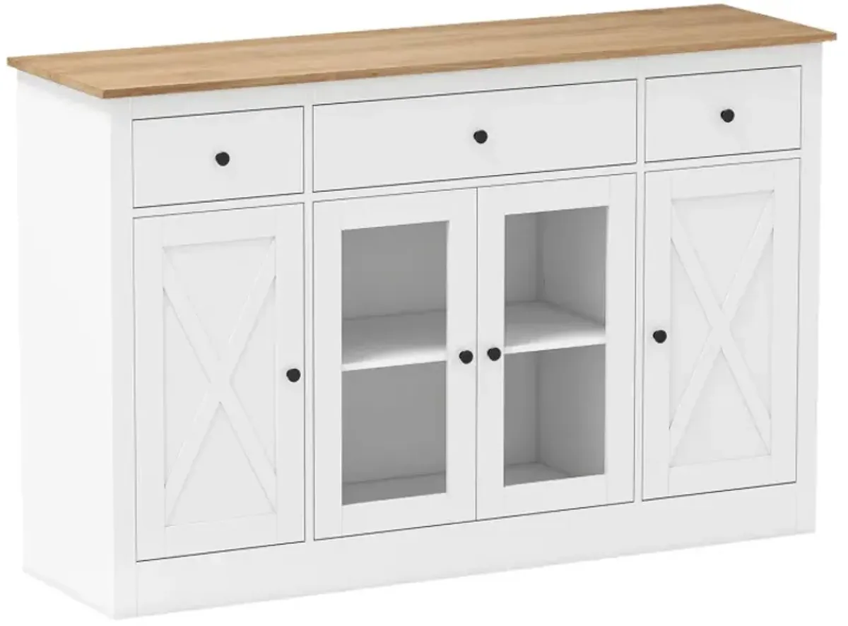 55 inch Large Buffet Sideboard Kitchen Storage Cabinet with 3 Drawers 2 See-through Doors Adjustable Shelves Wine Bar Table