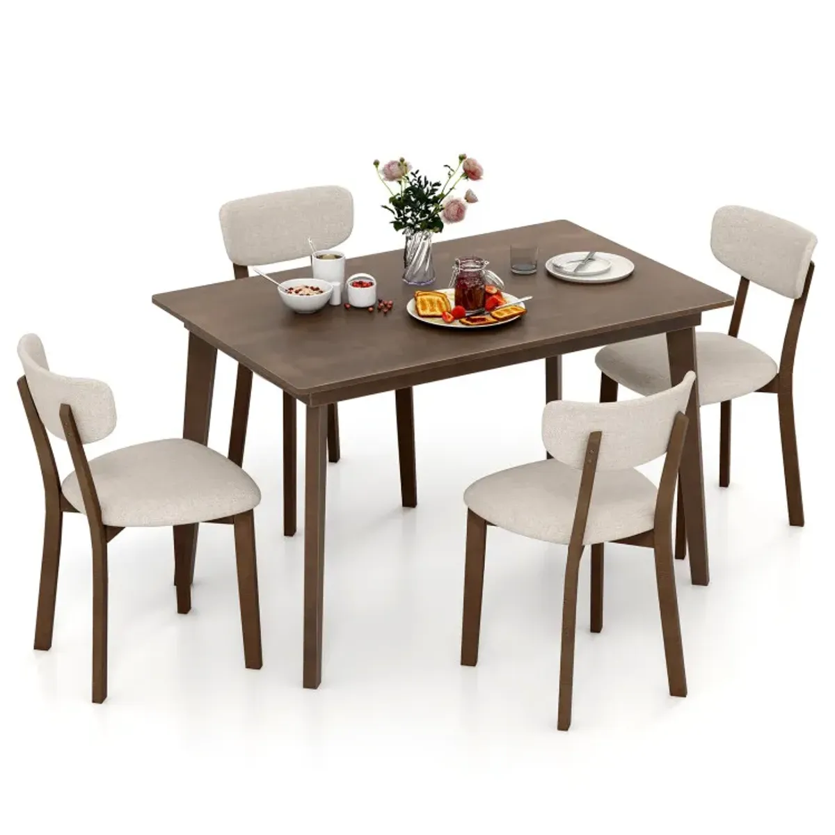 5-Piece Dining Table Set for 4 with Rubber Wood Frame and Padded Set