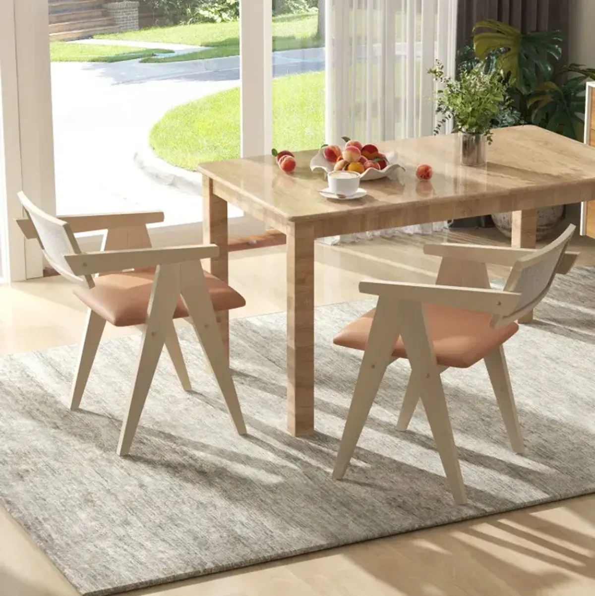 Mid Century Wooden Accent Chairs with Leathaire Seat Cushions Set of 2