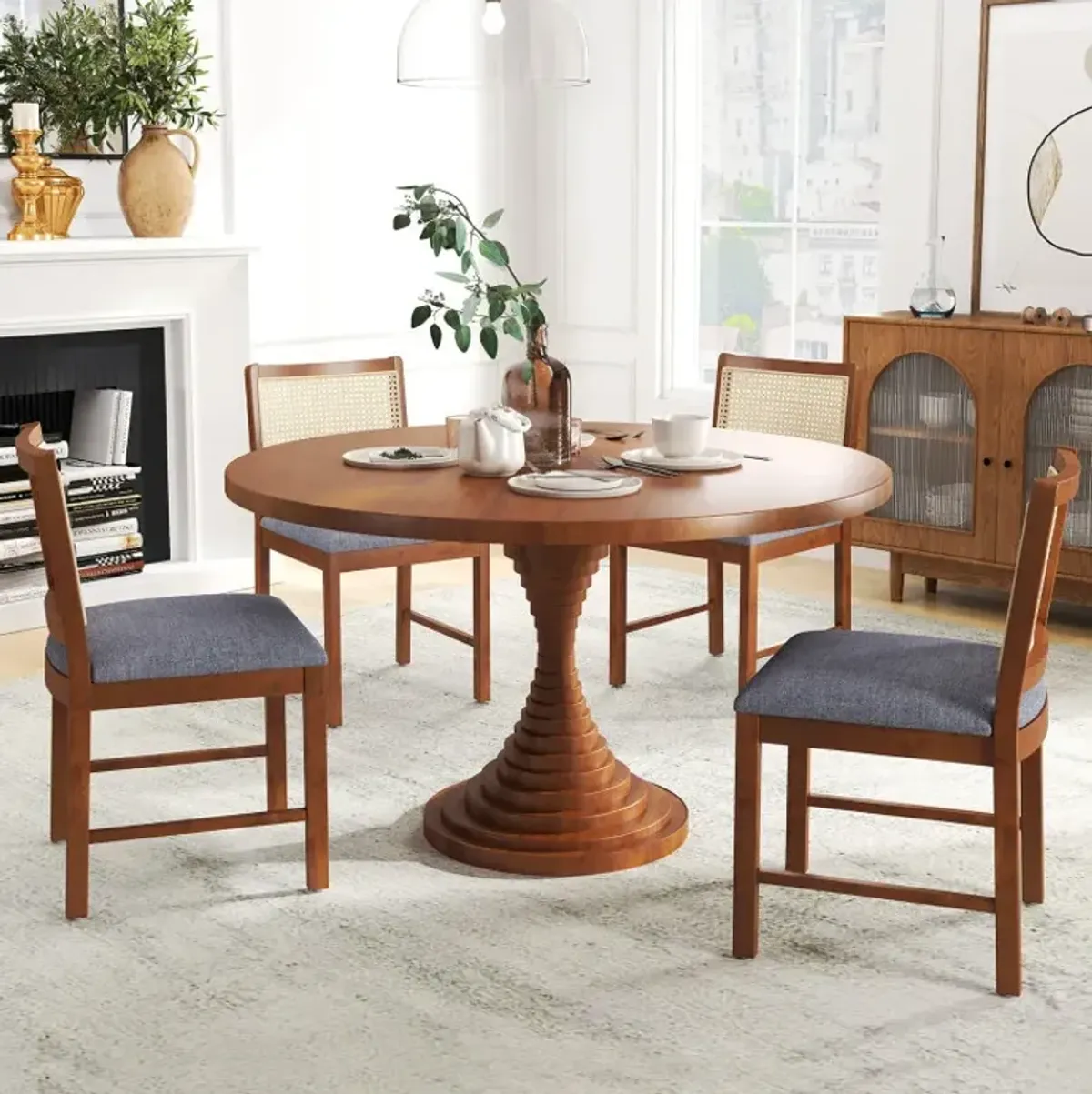 Rattan Dining Chair Set of 2 with Rubber Wood Frame and Linen Fabric Padded Seat