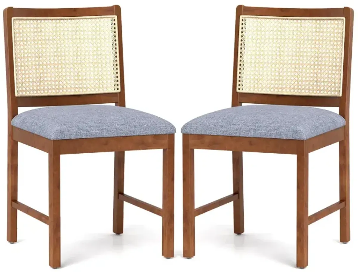 Rattan Dining Chair Set of 2 with Rubber Wood Frame and Linen Fabric Padded Seat