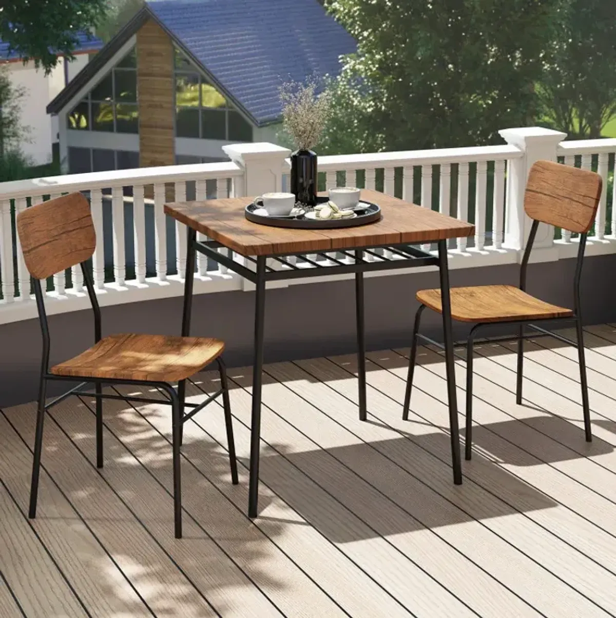 3 Pieces Dining Table Set for 2 Wood Square Table with Metal Frame