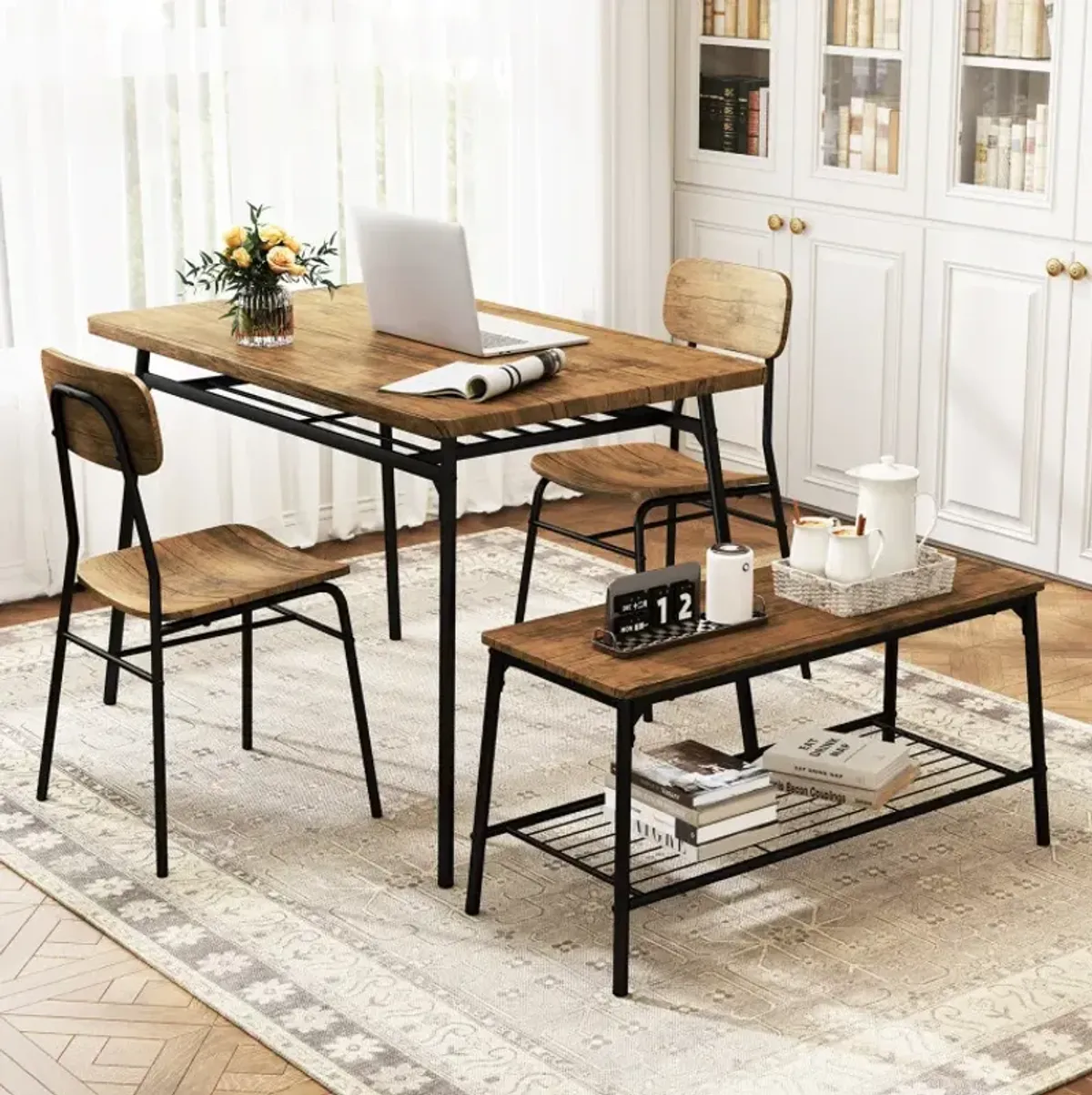 4 Piece Dining Table Set for 4 Metal Frame with Bench and 2 Chairs