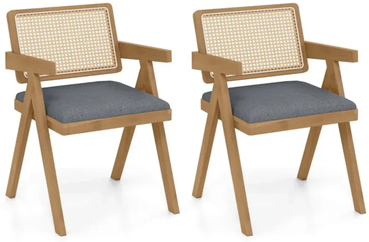 Set of 2 Rattan Accent Chairs with Padded Cushion and Rubber Wood Frame