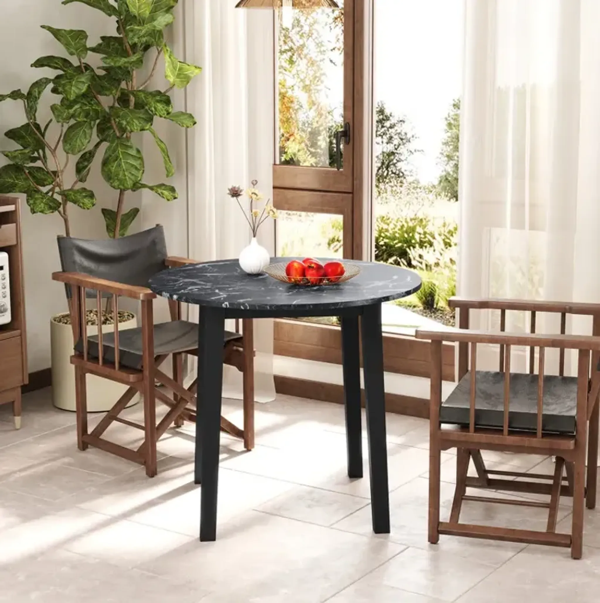 35 Inch Round Dining Table With Rubber Wood Legs And Marble Textured ...