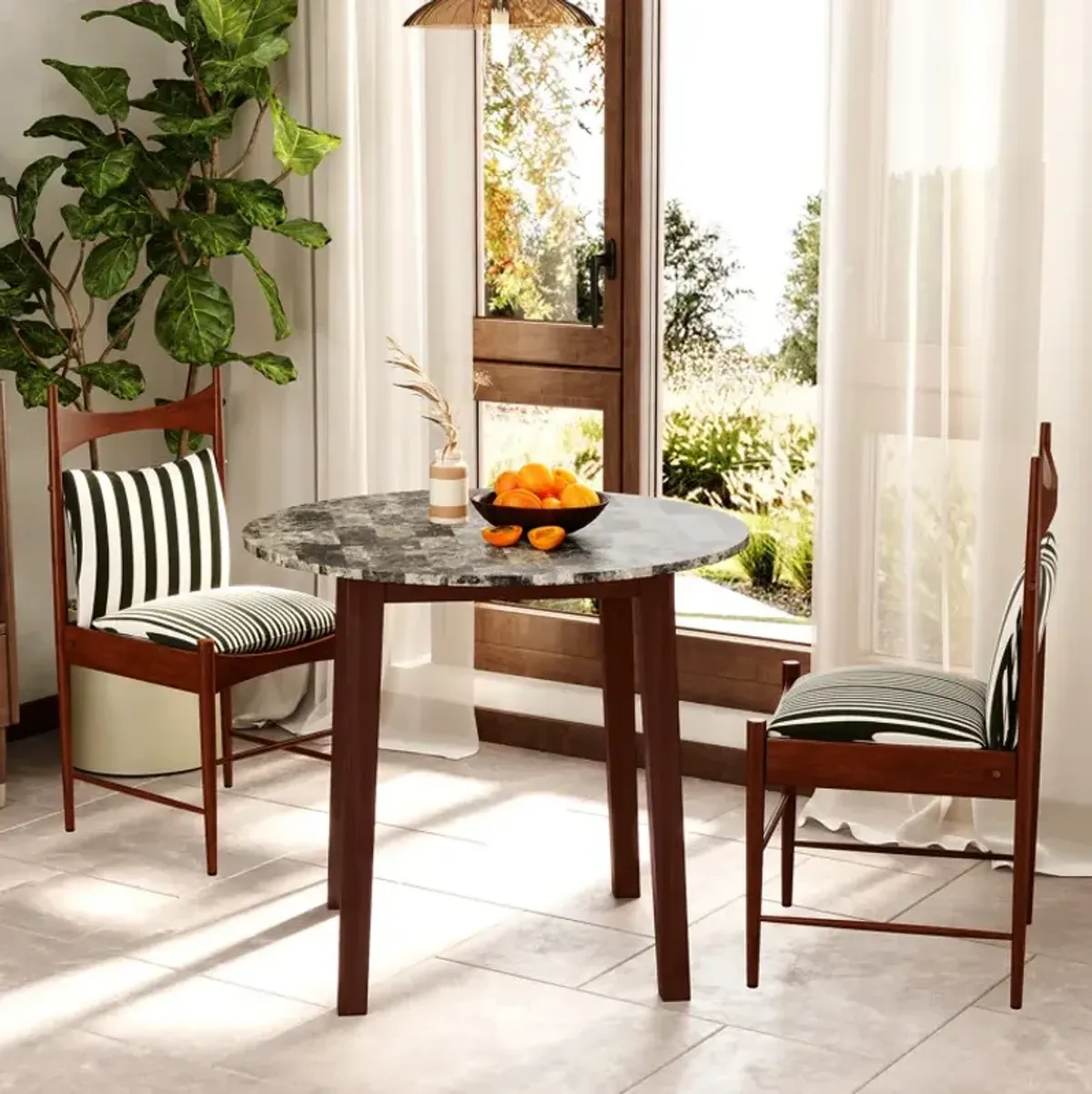 35 Inch Round Dining Table with Rubber Wood Legs and Marble-textured Veneer Tabletop