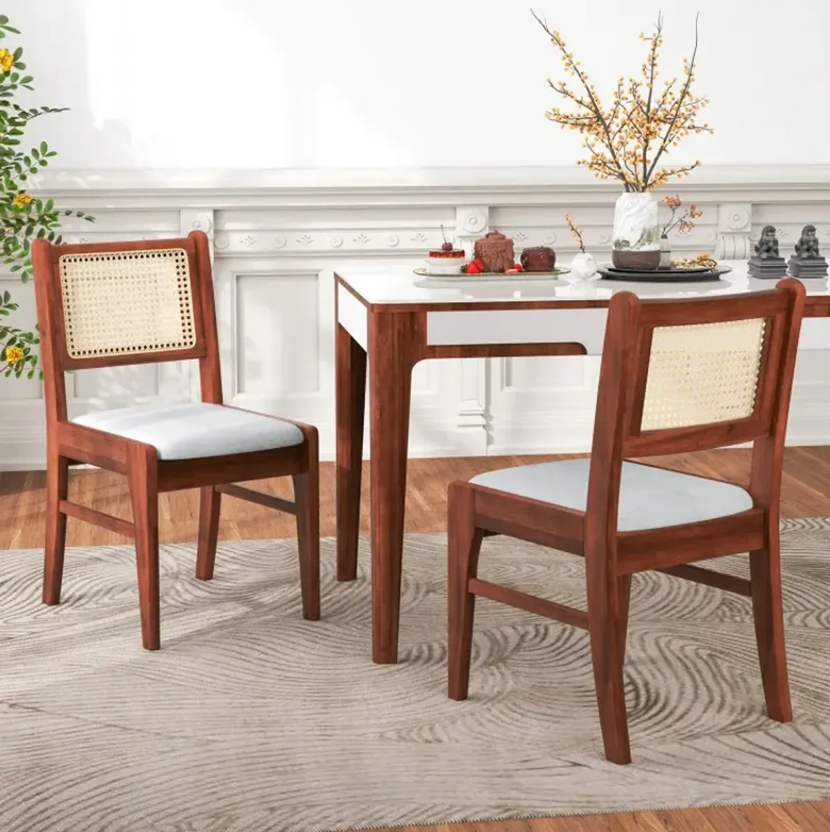 Wooden Kitchen Chairs with Cane Back Rubber Wood Frame and Padded Seat