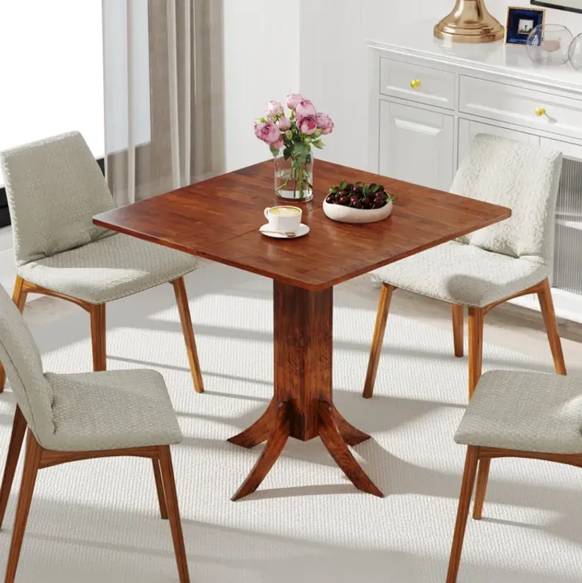 Square Dining Table with Pedestal Base and Rubber Wood Frame