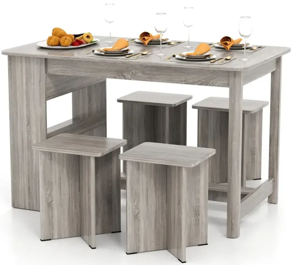 5 Pieces Dining Table Set with Storage Shelf and 4 Stools