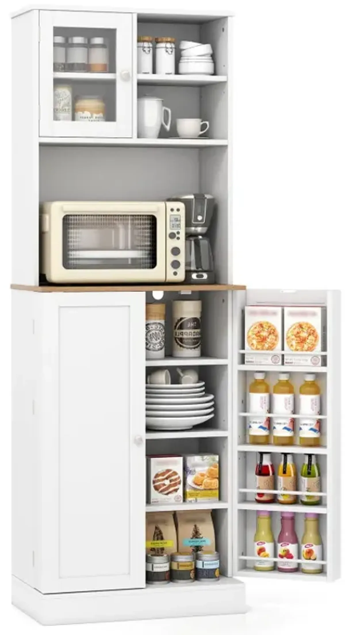 Kitchen Pantry Cabinet 67 Inch Freestanding Tall Cupboard with Microwave Shelf