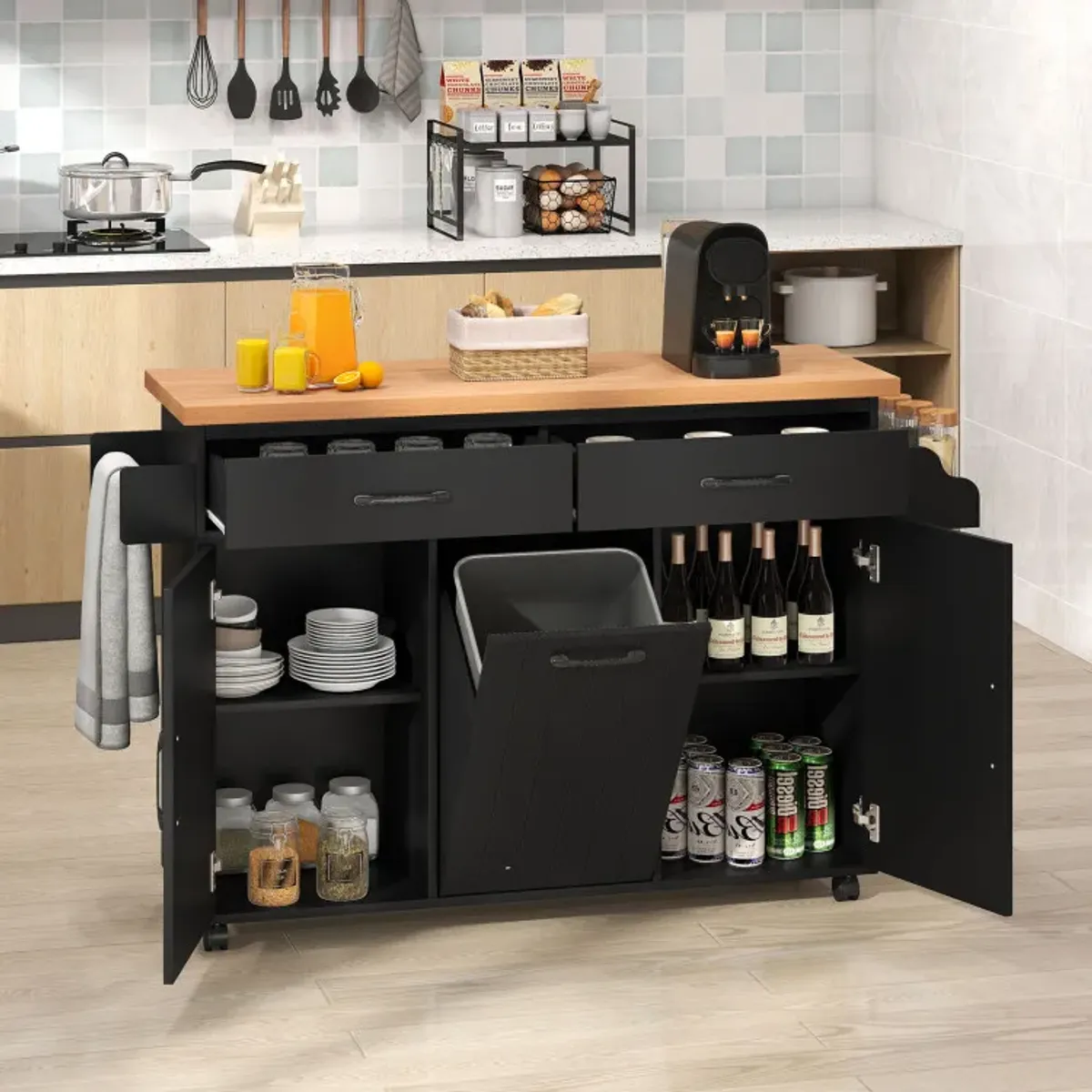 Mobile Kitchen Island Table with Trash Bag Storage for Dining Room