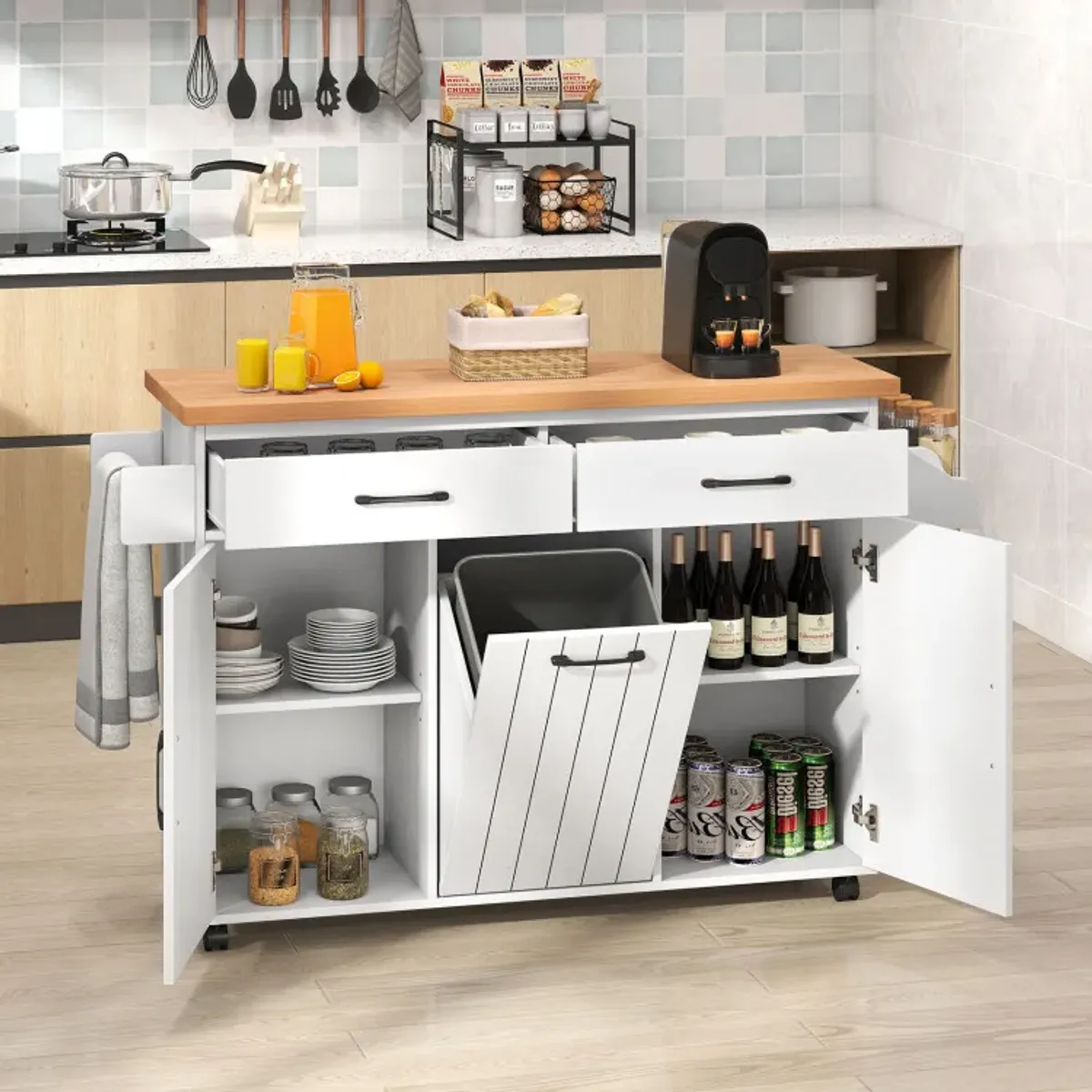 Mobile Kitchen Island Table with Trash Bag Storage for Dining Room
