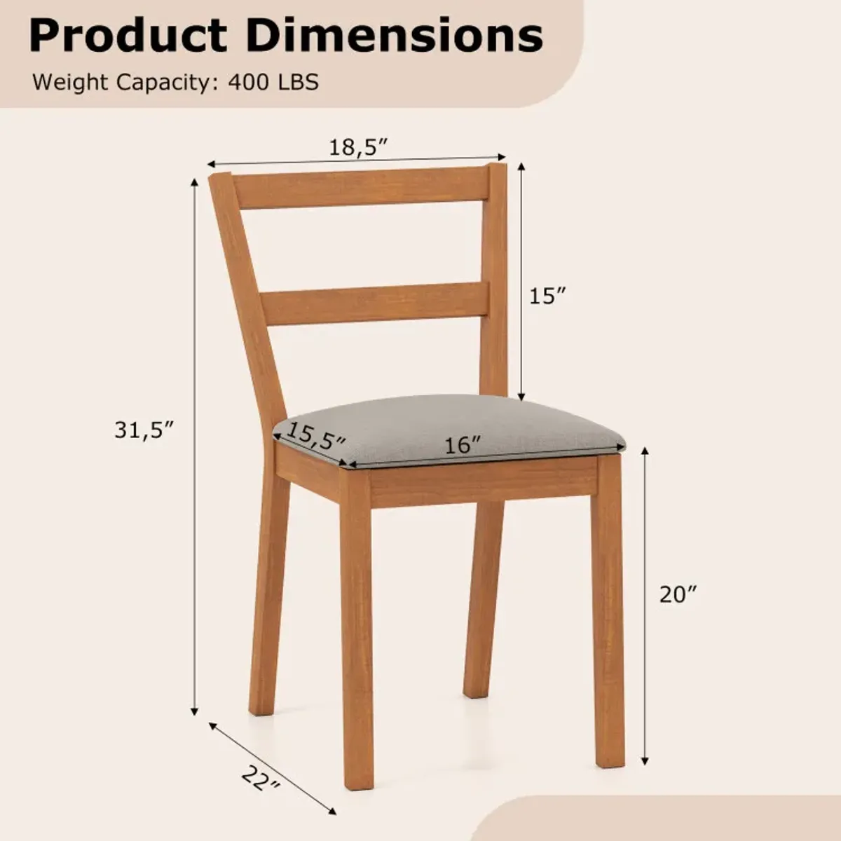 Wooden Dining Chair Set of 2 Farmhouse Kitchen Chair with Upholstered Seat