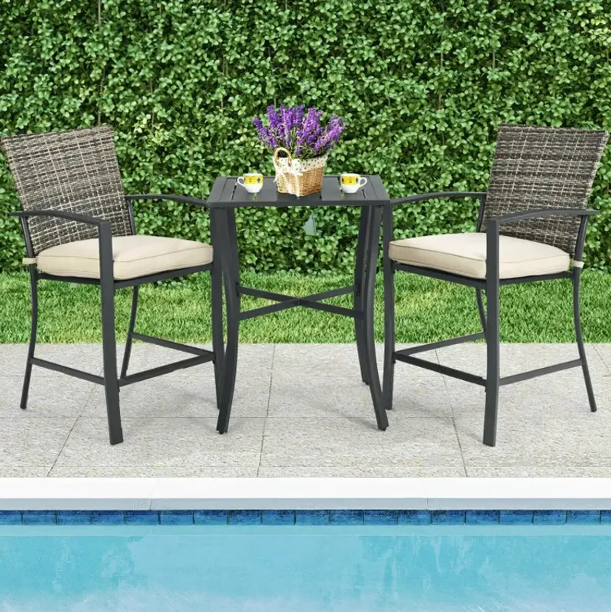 3 Pieces Rattan Bar Furniture Set with Slat Table and 2 Cushioned Stools