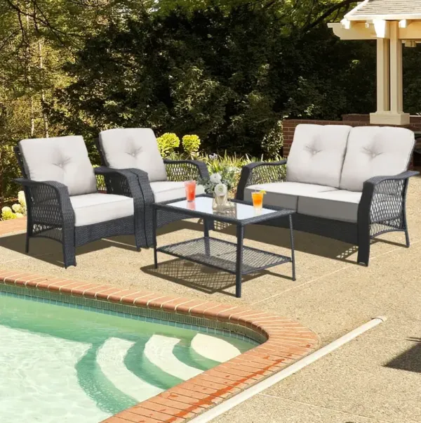 4 Pieces Patio Wicker Furniture Set with Coffee Table and Cushions