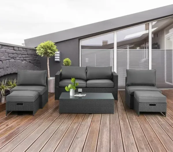 6 Pieces Patio Rattan Furniture Set with Glass Table and Cushioned Seat