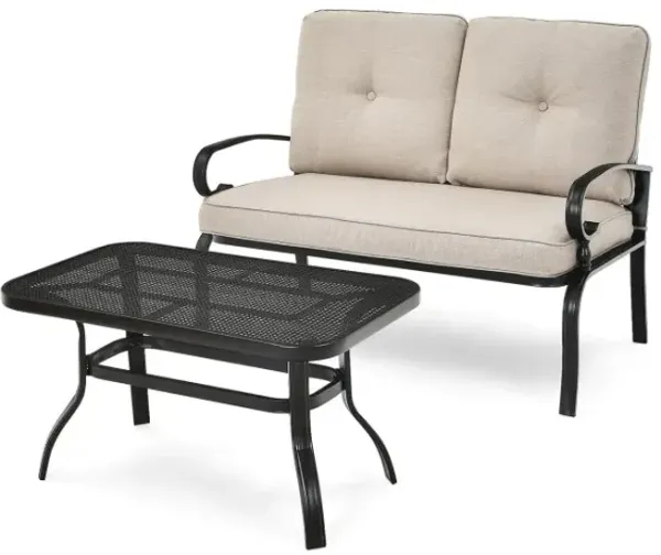 2 Pieces Patio Loveseat Bench Table Furniture Set with Cushioned Chair