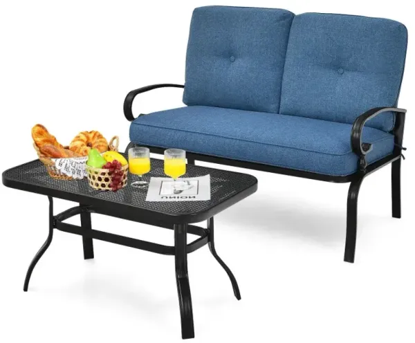 2 Pieces Patio Loveseat Bench Table Furniture Set with Cushioned Chair