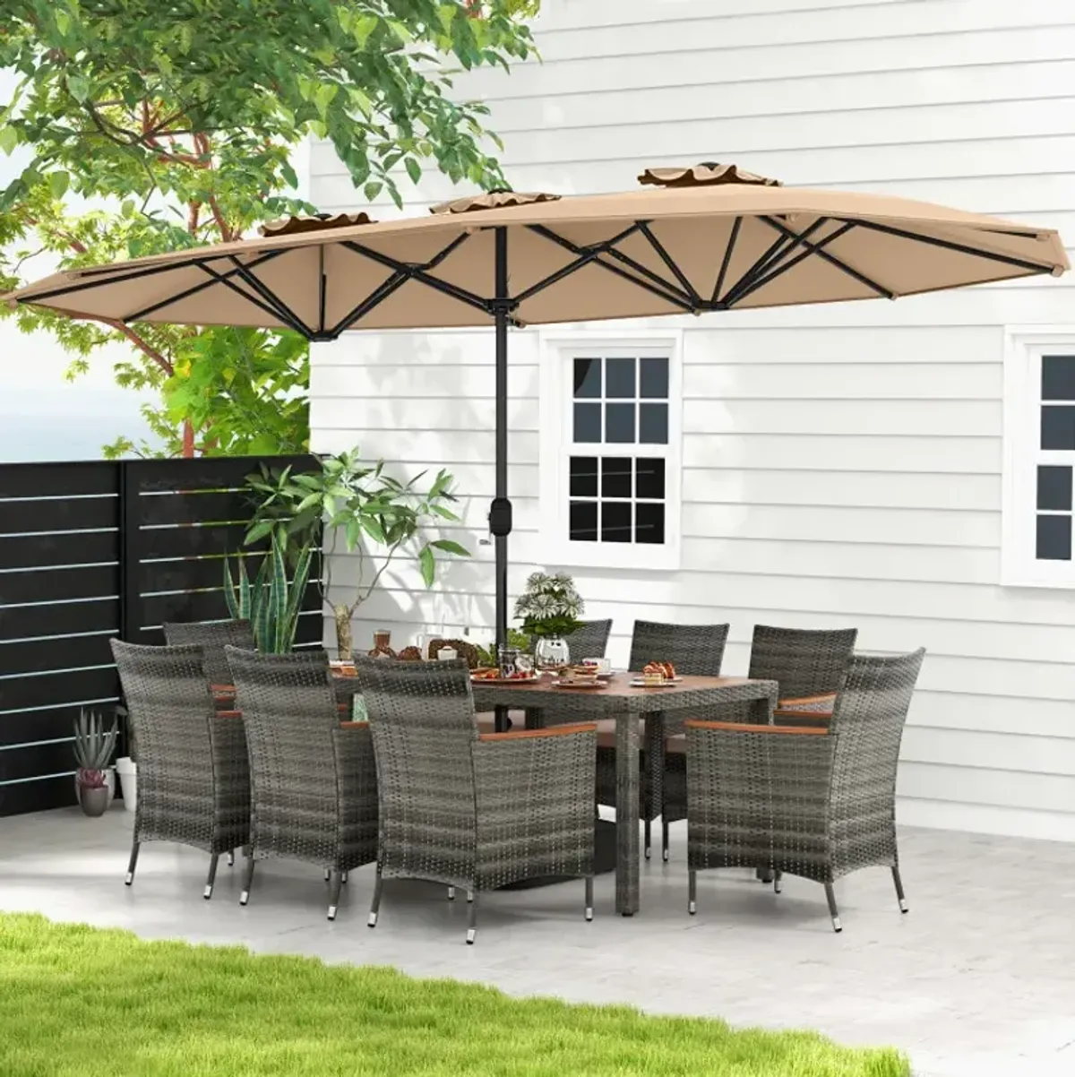 10 Pieces Wicker Outdoor Dining Set for 8 with 15 Feet Patio Umbrella