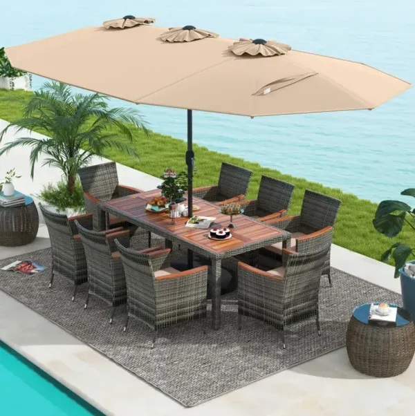 10 Pieces Wicker Outdoor Dining Set for 8 with 15 Feet Patio Umbrella