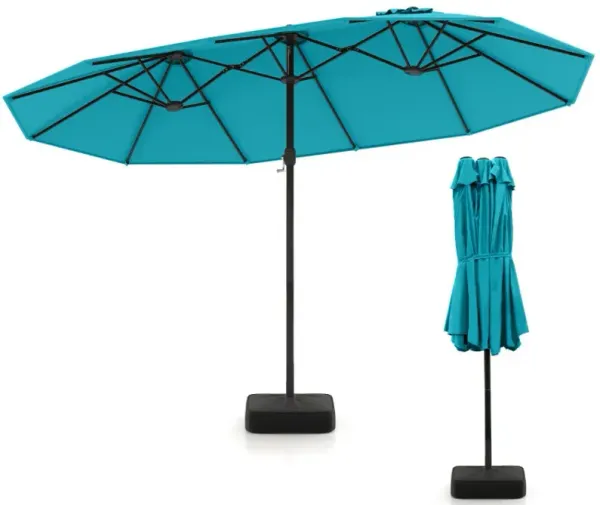 15 Feet Double-Sided Twin Patio Umbrella with Crank and Base