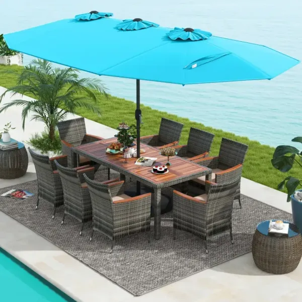 10 Pieces Wicker Outdoor Dining Set for 8 with 15 Feet Patio Umbrella
