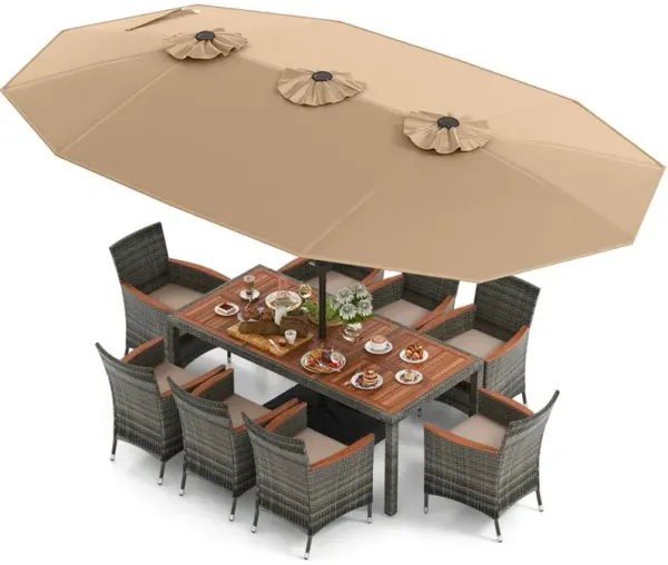 10 Pieces Patio Wicker Dining Set with 15 Feet Double-Sided Patio Umbrella