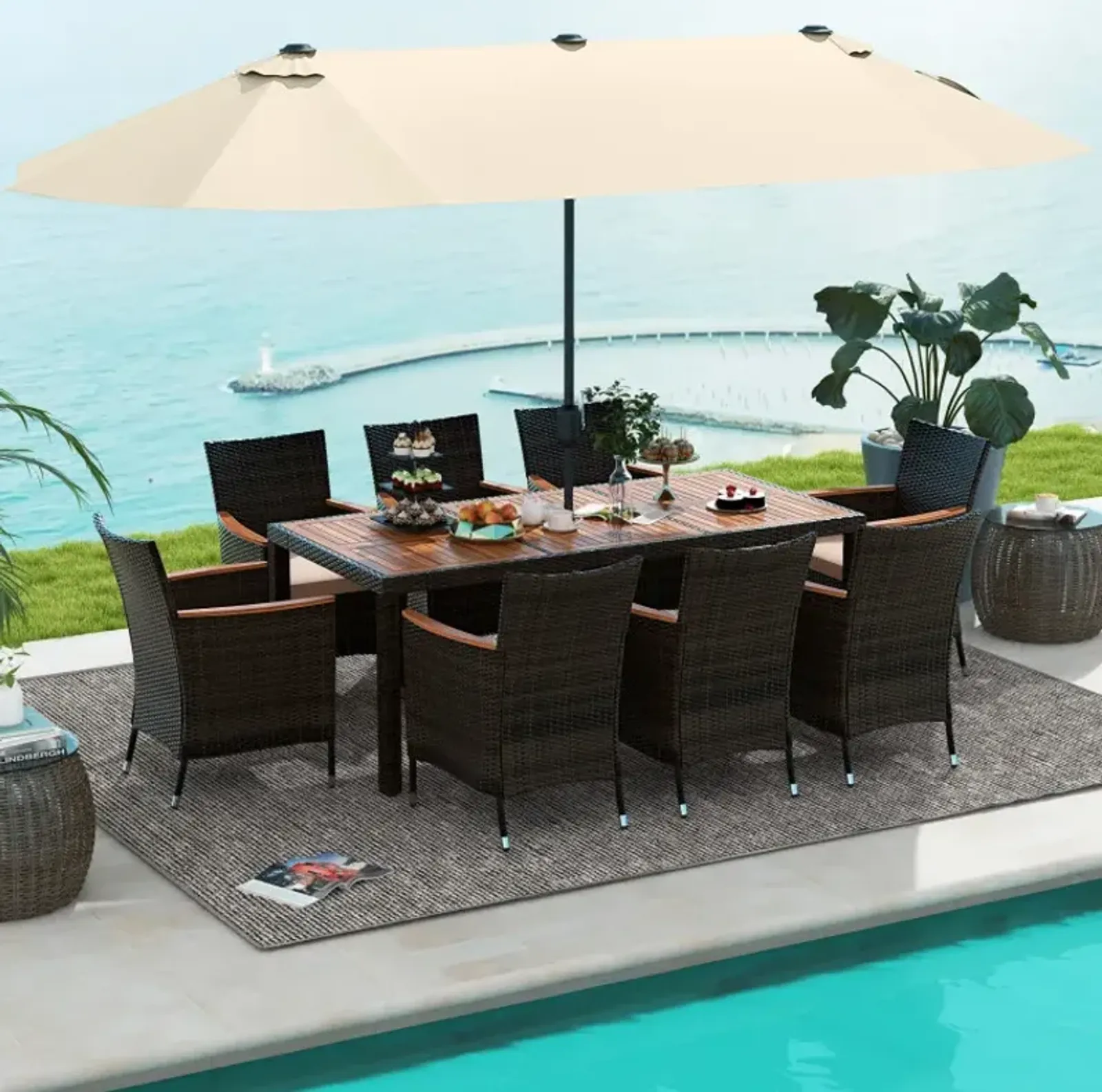 10 Piece Outdoor Dining Set with 15 Feet Double-Sided Twin Patio Umbrella
