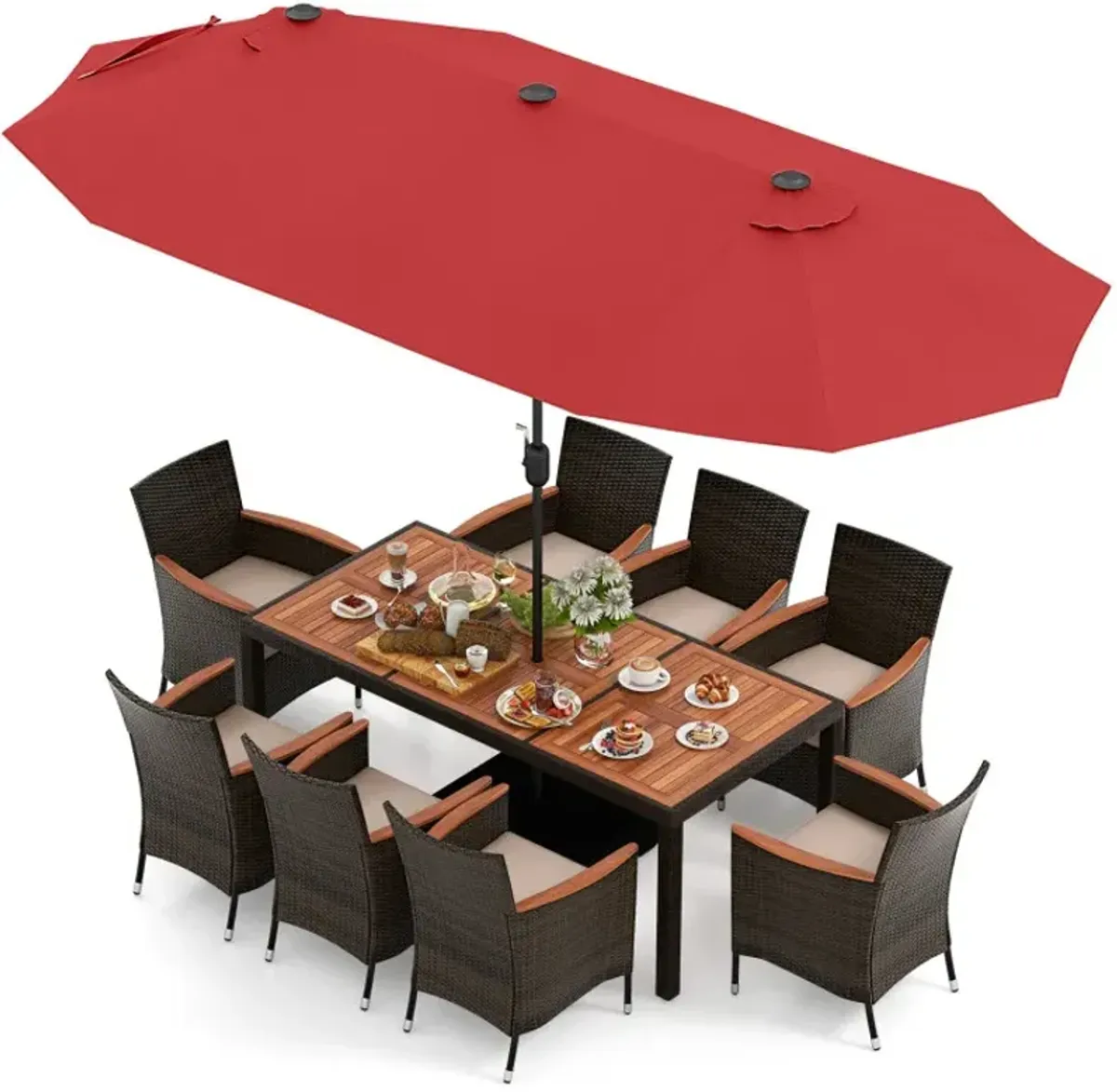10 Piece Outdoor Dining Set with 15 Feet Double-Sided Twin Patio Umbrella