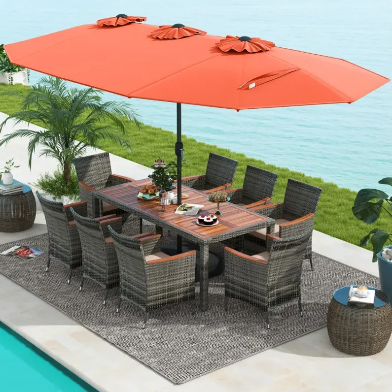 10 Pieces Wicker Outdoor Dining Set for 8 with 15 Feet Patio Umbrella