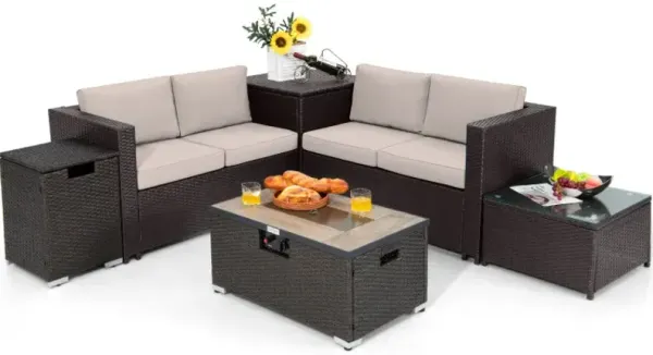 6 Pieces Outdoor Wicker Furniture Set with 32 Inch Propane Fire Pit Table
