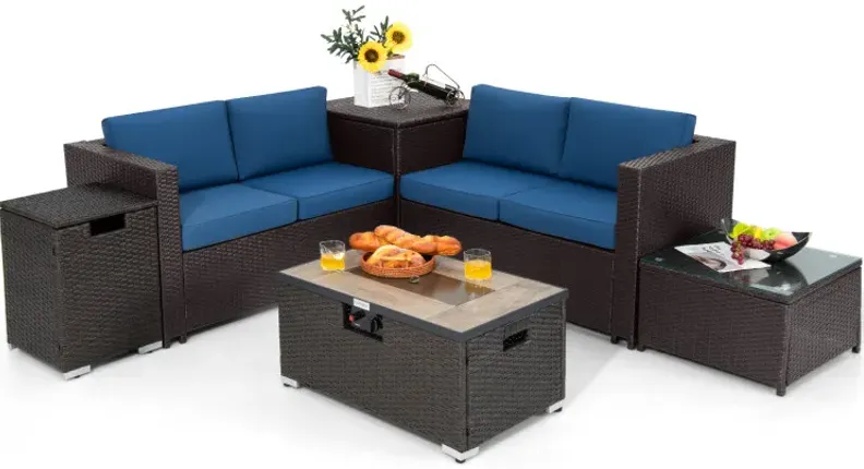 6 Pieces Outdoor Wicker Furniture Set with 32 Inch Propane Fire Pit Table