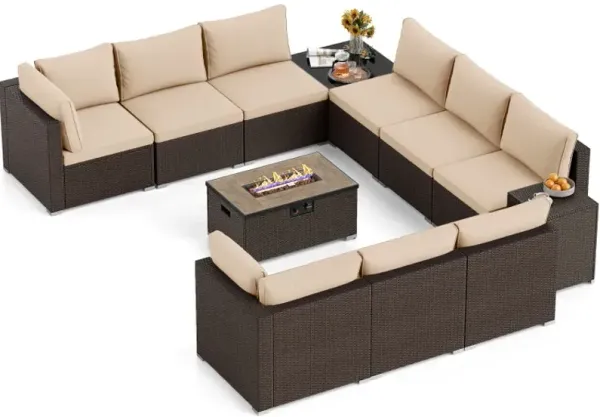 Outdoor PE Rattan Conversation Set with 32” Propane Fire Pit Table and Tank Holder