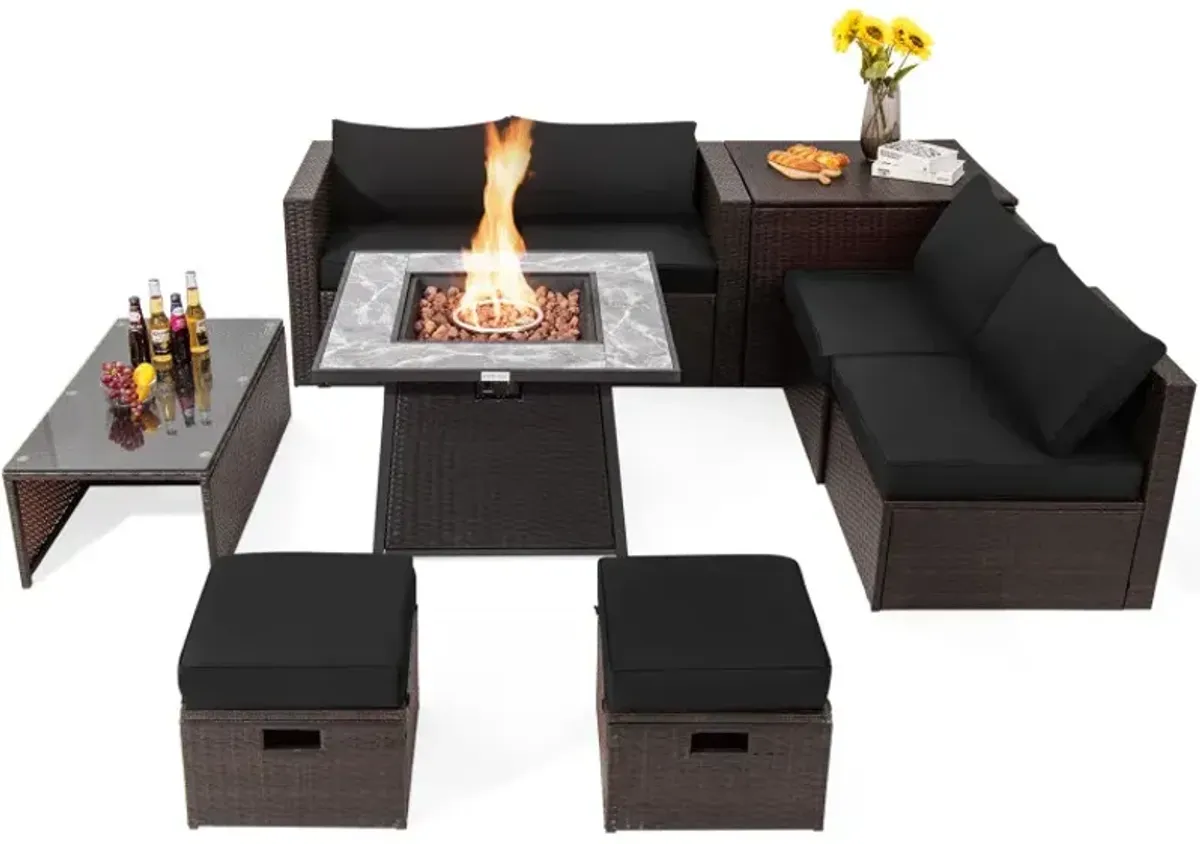 9 Pieces Patio PE Wicker Sectional Set with 50000 BTU Fire Pit Table